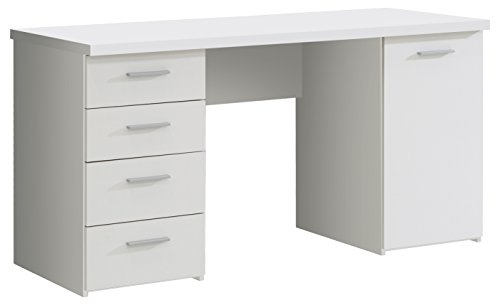 NEWFACE  Schreibtisch mit 4 Schubkästen und 1 Tür, Holz, Weiß matt, 145 x 60 x 76.3 cm