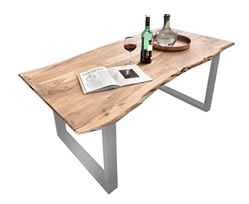 SAM Esszimmertisch Quarto, Akazie-Holz, Tisch, lackierten Beinen aus Roheisen, naturbelassene Optik, Baumkanten-Tischplatte