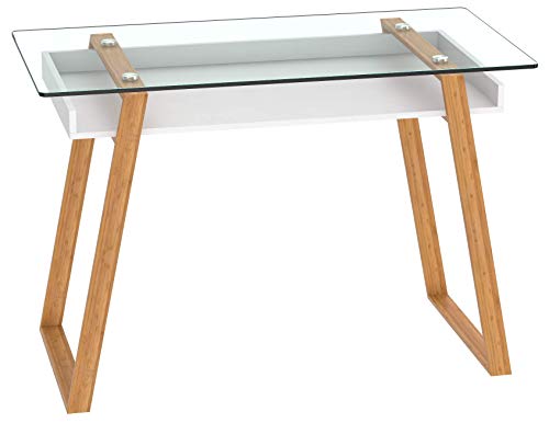 bonVIVO Designer-Schreibtisch MASSIMO, moderner Sekretär in einem stilsicheren Materialmix aus Glas, Naturholz und weiß lackierter Ablagefläche