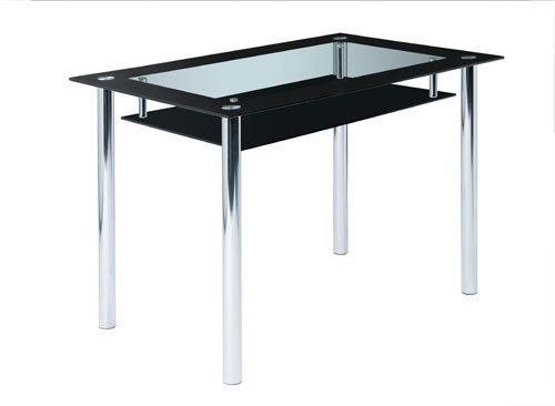 lifestyle4living Design Esstisch aus Glas mit schwarzer Glasplatte und praktischer Ablageplatte, Esszimmertisch ist 110 cm breit und für kleines Wohnzimmer geeignet