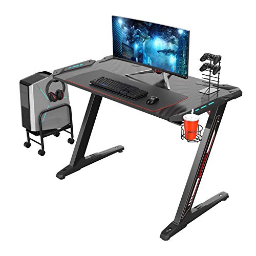 Eureka Ergonomic Z1-S Gaming Desk - Gaming Computer Desk, Gaming Table PC Gaming Desk mit LED-Leuchten, Kohlefaser, Getränkehalter und Kopfhörerhaken - Schwarz, MEHRWEG