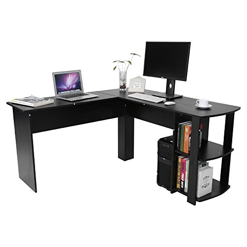 Greensen Möbel Schreibtisch Winkelkombination PC-Tisch, mit Regal, Eckschreibtisch Bürotisch 136 x 130 x 72cm, 2 Farben, Schwarz, Weiß