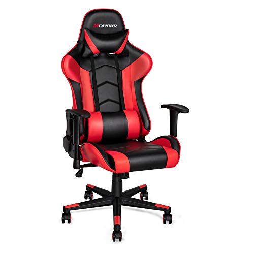 mfavour Bürostuhl Gaming Stuhl, Computerstuhl Gaming Sessel Ergonomisches Design, Verstellbare Armlehne, 180° Verstellbare Rücklehne, Hochdichter Schwamm, Kopfstütze, Taillenkissen, Höhenverstellung