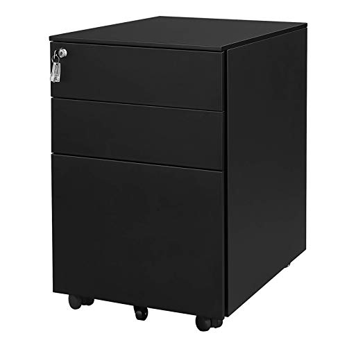 YOUKE Metall Rollcontainer Aktenschränke Büro-Rollcontainer Bürocontainer mit 3 Schublade für A4; Mobilen, Abschließbar (schwarz)