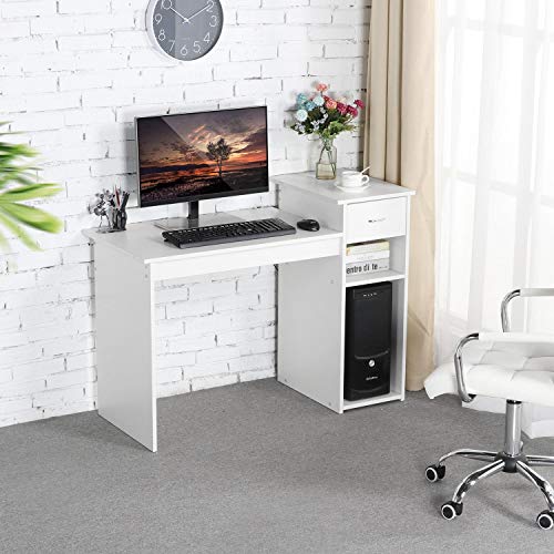 Yaheetech Computertisch, Schreibtisch mit Schublade und Ablagen, Bürotisch, PC-Tisch für Home Office, Weiß