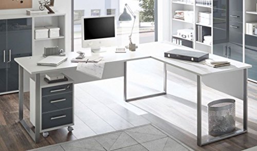 moebel-dich-auf Winkelschreibtisch Eckschreibtisch Schreibtisch mit Rollcontainer Office LUX in lichtgrau Glas Graphit Lack