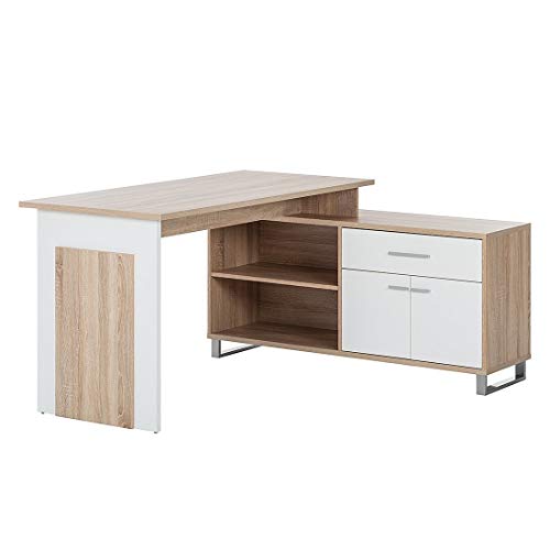 Stella Trading Schreibtisch mit Sideboard Weiß, Absetzung Eiche Sonoma Nachbildung, BxHxT 140 x 76 x 65 cm