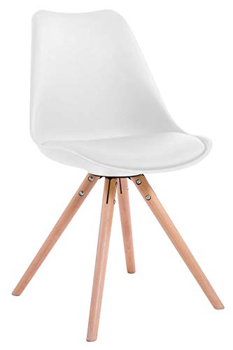 CLP Retro-Stuhl Toulouse Rund Mit Kunstlederbezug | Kunstoff-Lehnstuhl Mit Holzgestell, Farbe:weiß, Gestell Farbe:Natura