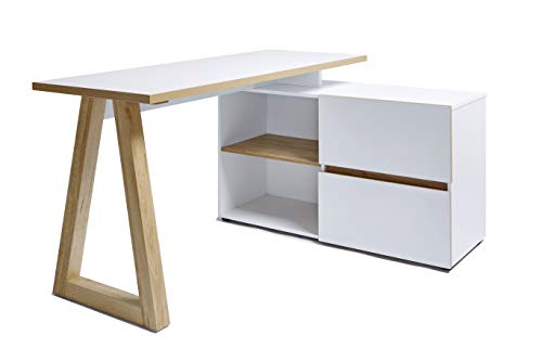 Amazon Marke - Movian Stanberg - Schreibtisch mit zwei Schubladen, 140 x 110 x 76 cm, Kerneiche/Weiß-Effekt
