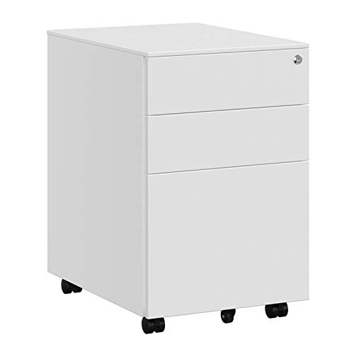 SONGMICS Stahl Rollcontainer mit 3 Schubladen und Hängeregistratur Abschließbarer Büroschrank, Schrankkorpus Vormontiert, 39 x 60 x 52 cm Weiß OFC60WT