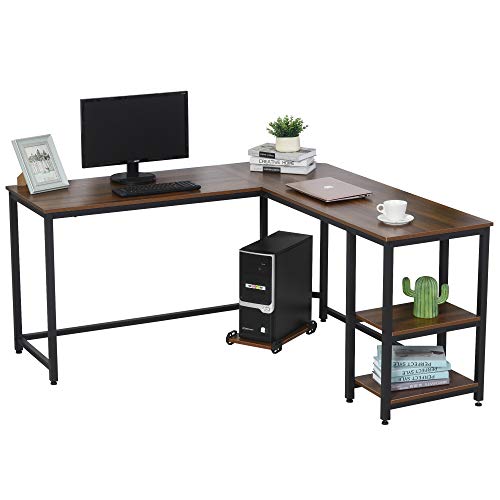 HOMCOM Computertisch, L-förmiger Eckschreibtisch, Schreibtisch, Bürotisch, MDF+Stahl, Walnussfarbe+Schwarz, 150 x 150 x 76 cm