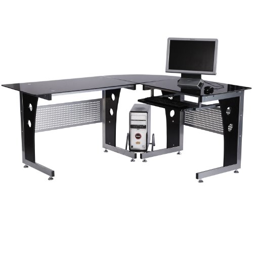HOMCOM Eckschreibtisch Computertisch Schreibtisch Bürotisch PC Tisch mit schwarzem Sicherheitsglas