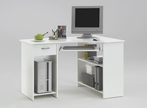 Eckschreibtisch in weiß mit 1 Schubkasten, 2 offenen Ablagefächern, Tastaturauszug und Computerstellfach, Maße: B/H/T ca. 118/76/77 cm