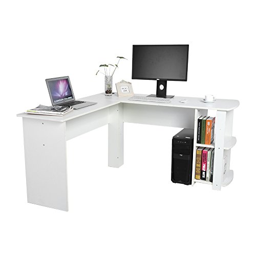 Greensen Möbel Schreibtisch Winkelkombination PC-Tisch, mit Regal, Eckschreibtisch Bürotisch 136 x 130 x 72cm, 2 Farben, Schwarz, Weiß (Weiß)