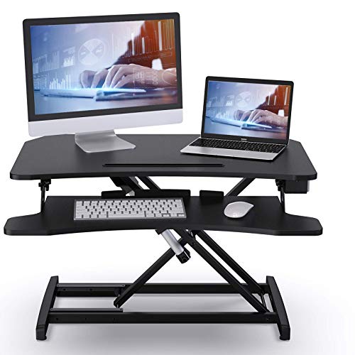 ABOX Sitz-Steh-Schreibtisch, Elektrisch Höhenverstellbarer Schreibtisch-Aufsatz mit Einem Tastendruck, Sit-Stand Workstation mit Abnehmbarer Tastaturablage, Tischplatte 85 x 51cm, Schwarz
