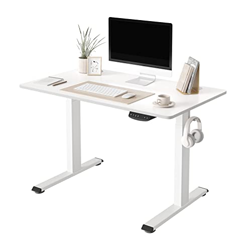 FEZIBO Schreibtisch Höhenverstellbar Elektrisch, 100 x 60 cm Stehschreibtisch mit Memory-Steuerung und Anti-Kollisions Technologie, Weiß Rahmen/Weiß Oberfläche
