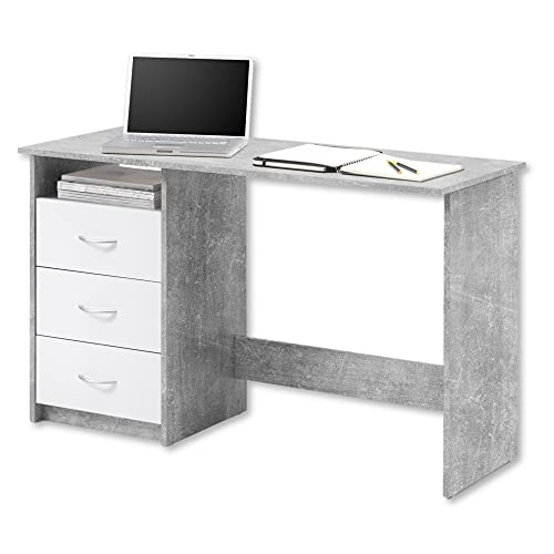 ADRIA Schreibtisch mit Schubladen in Beton Optik, Weiß - Praktischer Bürotisch Computertisch mit großer Arbeitsfläche - 120 x 76 x 50 cm (B/H/T)