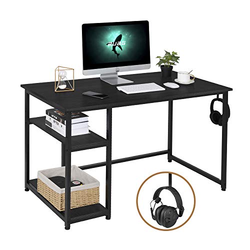 AuAg Schreibtisch Schwarz 120 x 60cm Computertisch mit Regale und Haken Bürotisch Laptop PC Tisch für Studie Arbeitstisch Hölzern Gaming Tisch Officetisch für Home Office Arbeitsplätze für Büro