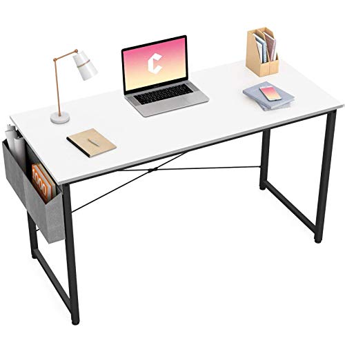 Cubiker Computertisch 100cm Schreibtisch, Modern Simple Style Bürotisch mit Aufbewahrungstasche, Schreibtisch Klein PC-Tisch Stabil Laptop-Tisch Arbeitstisch, Weiß