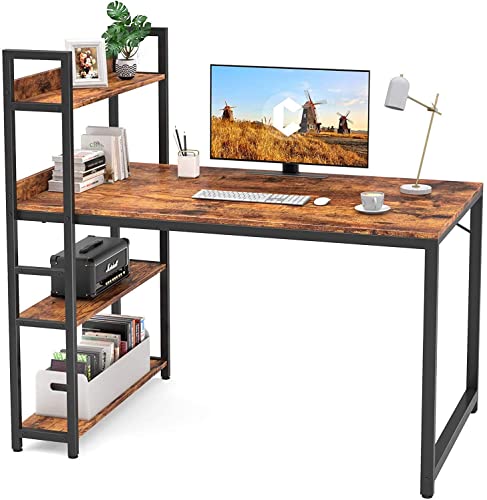 CubiCubi Schreibtisch, 120 x 60cm Groß Computertisch mit Regal rechts oder Links, Pc Gaming Tisch, Bürotisch fürs Büro Wohnzimmer, Stabil Stahlgestell schreibtische, Braun