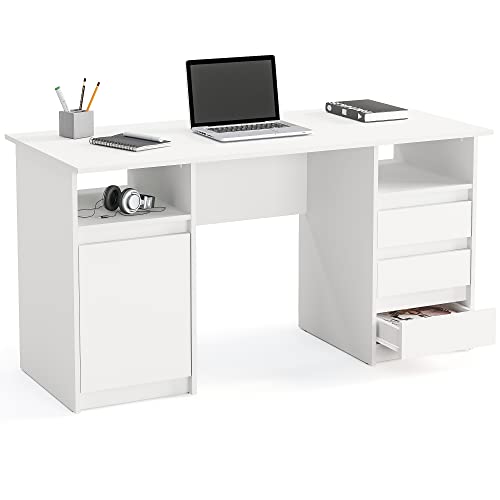 KOMTO Schreibtisch mit Schubladen - Oslo 145 x 65 x 76 cm Moderner Schreibtisch Weiß Bürotisch Computertisch Arbeitstisch Büro PC-Tisch Kinderschreibtisch mit Stauraum
