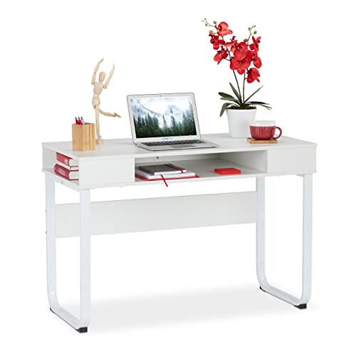 Relaxdays Schreibtisch, 3 offene Ablagefächer, modernes Design, Wohn- & Jugendzimmer, HBT: 74,5 x 110 x 55 cm, weiß