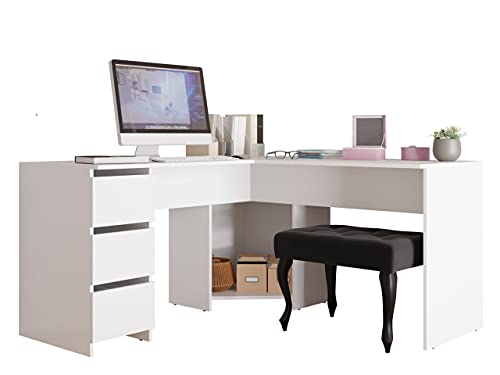 Eckschreibtisch Ziongo mit 3 Schubladen und Fächer, symmetrisch Schreibtisch, Winkelschreibtisch, Arbeitstisch, Computertisch, Bürotisch, Kinderschreibtisch (Weiß)