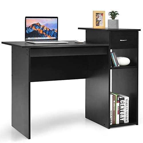COSTWAY Schreibtisch mit Schubladen und offenen Regalen, Computertisch Holz, Arbeitstisch Bürotisch PC-Tisch für kleine Räume, 105 x 50 x 82 cm, Schwarz