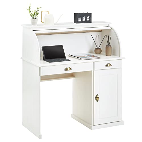 IDIMEX Sekretär Tom aus massiver Kiefer in weiß, schöner Bürotisch mit 2 Schubladen und 1 Tür, praktischer Arbeitstisch mit Rollladen