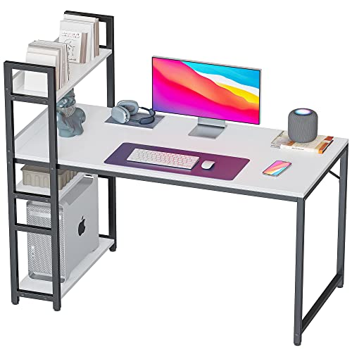 CubiCubi Schreibtisch, 120 x 60cm Groß Computertisch mit Regal rechts oder Links, Pc Gaming Tisch, Bürotisch fürs Büro Wohnzimmer, Stabil Stahlgestell schreibtische, Weiß