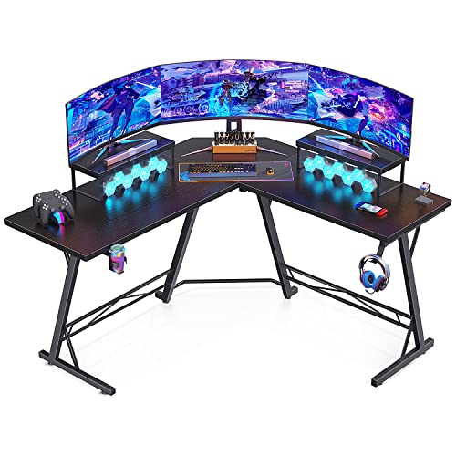 ODK Eckschreibtisch Gaming, Schreibtisch L Form, Computertisch mit 2 großem Monitorständer, Platzsparender Bürotisch, Einfacher Aufbau, Schwarz