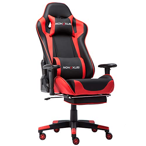 NOKAXUS Bürostuhl,Gaming Stuhl mit Fußstütze Lendenwirbelstütze für Erwachsene,PU Leder ergonomischer Massagestuhl für Zuhause,Computer Video Gamer Stuhl(Yk-6008-red)