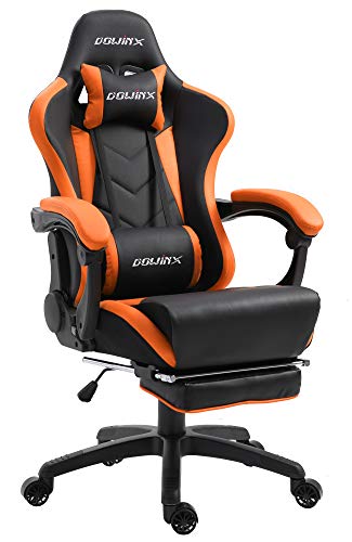 Dowinx Gaming Stuhl Ergonomischer Gamer Stuhl mit Lendenwirbelstütze, PC Bürostuhl Rückenlehne Verstellbarer Drehsessel mit Fußstütze (Schwarz&Orange
