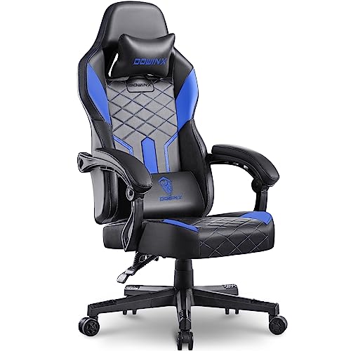 Dowinx Gaming Stuhl Racing Gamer Stuhl mit Frühling Kissen, Ergonomischer Gaming Sessel mit Lendenwirbelstütze, Bürostuhl PU Leder PC-Stuhl Verbreiterte Rückenlehne 150KG (Schwarz Blau)