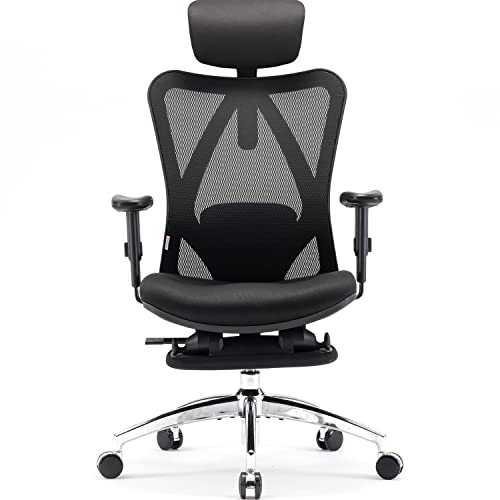 SIHOO Ergonomischer Büro-Liegestuhl mit Fußstütze, Computer-Schreibtischstuhl, verstellbaren Kopfstützen Stuhllehne und Armlehnen-Netzstuhl (Schwarz)